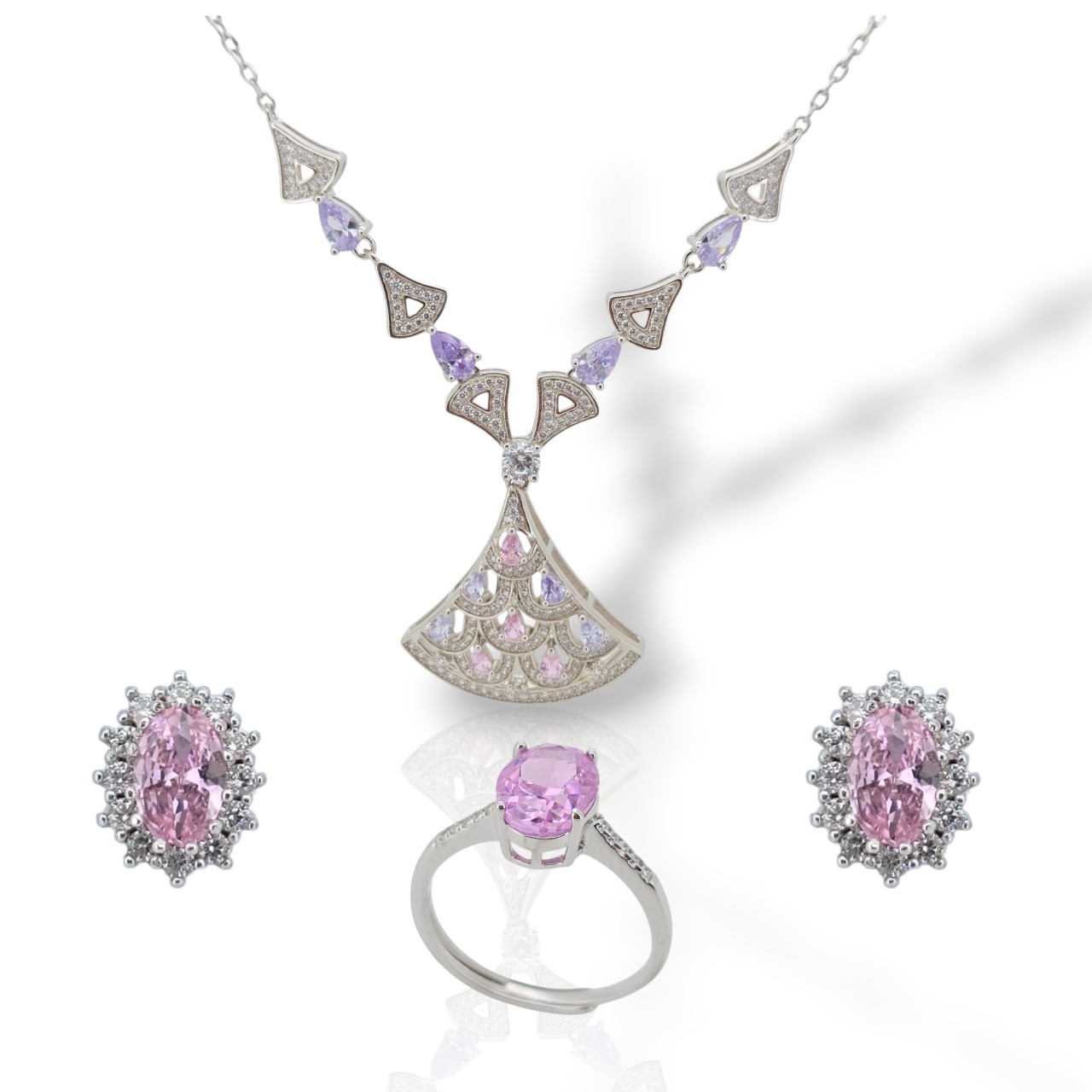 Ασημένιο Επιπλατινωμένο Σετ Κολιέ και Σκουλαρίκια με Ζιργκόν σε Ροζ και Λευκό (M2833)